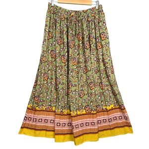 DR2 Daniel Rainn Floral Maxi Skirt Large Green Yellow Boho Cottage Elastic Waist
